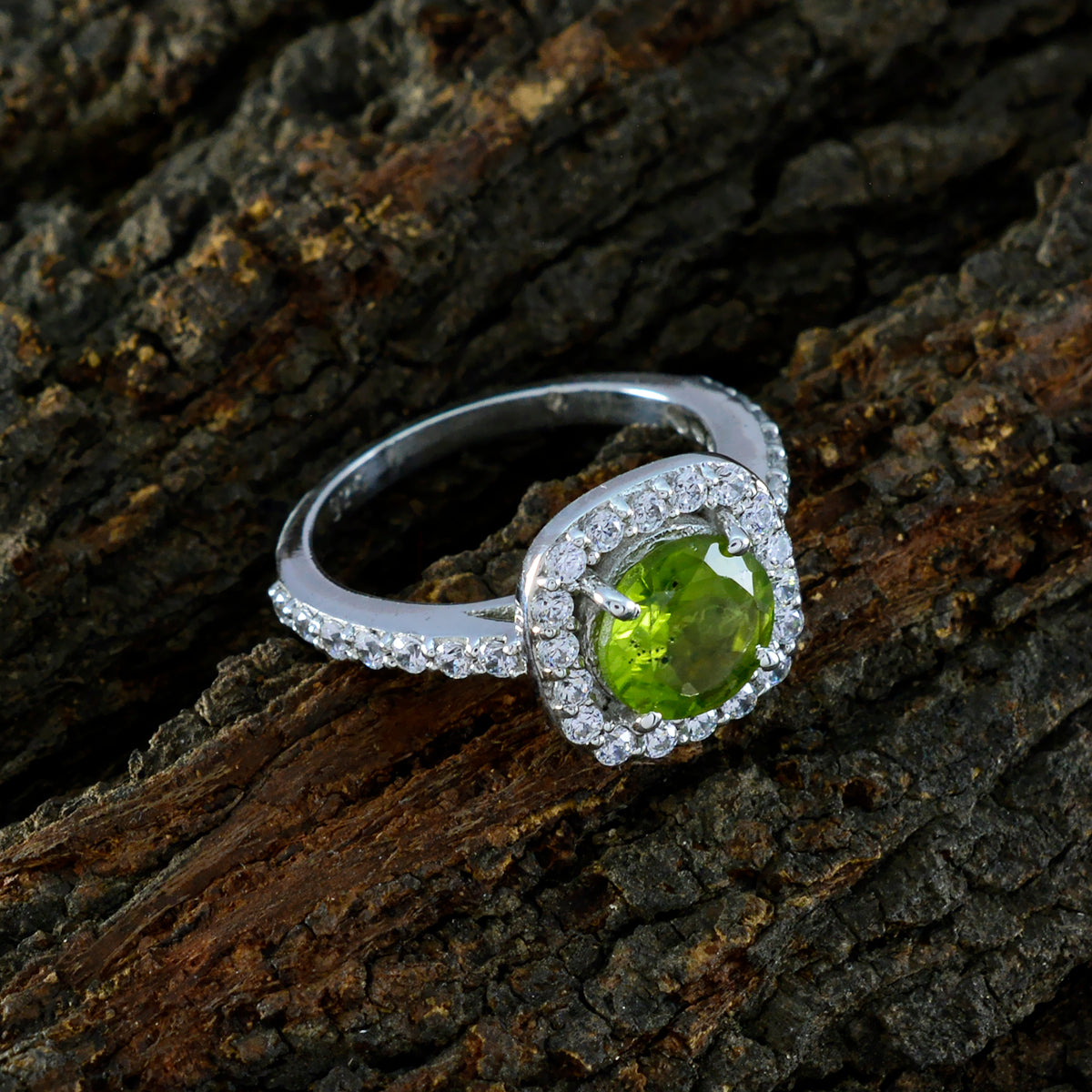 Peridot Halo Egyptian 92.5 Silver Green Gemstones Slim Fairytale Ring Jewelry