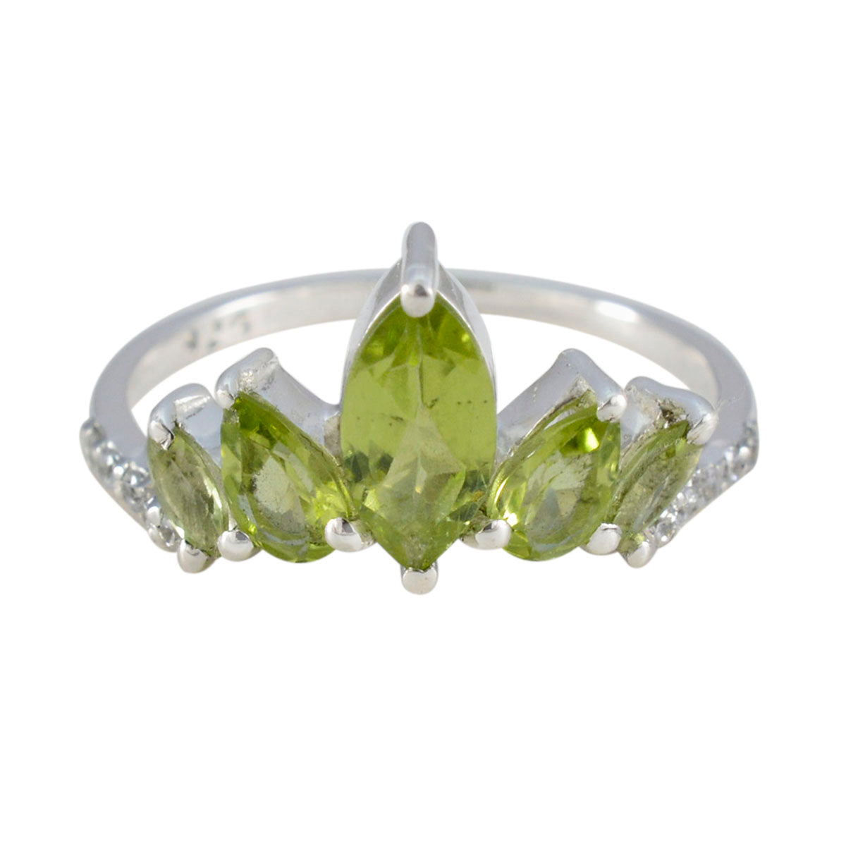 Peridot Penta Korean 92.5 Silver Green Gemstones Elegant  crown Ring Jewelry
