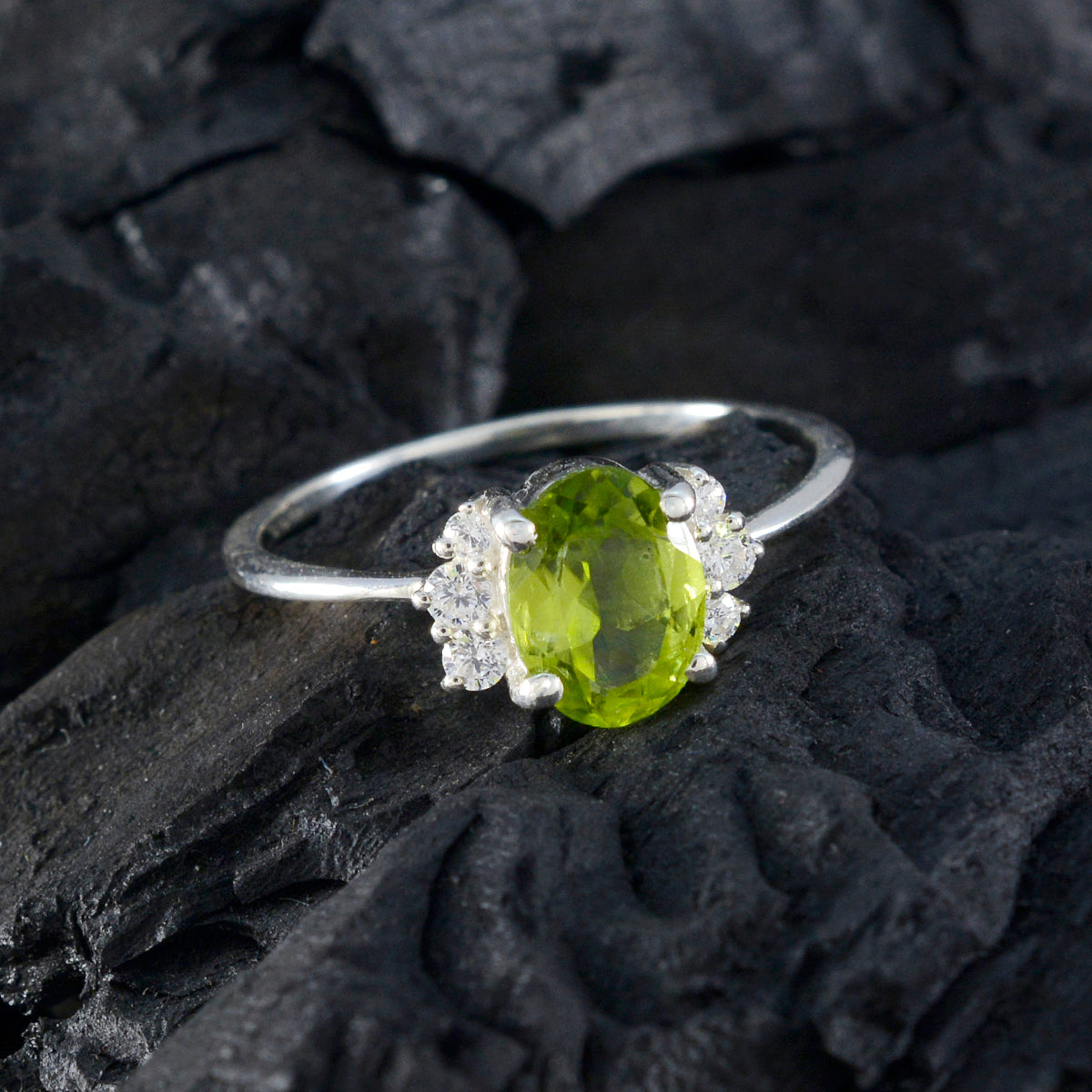 Peridot Halo American Silver Green Gemstones Delicate Glamorous Ring Jewellery