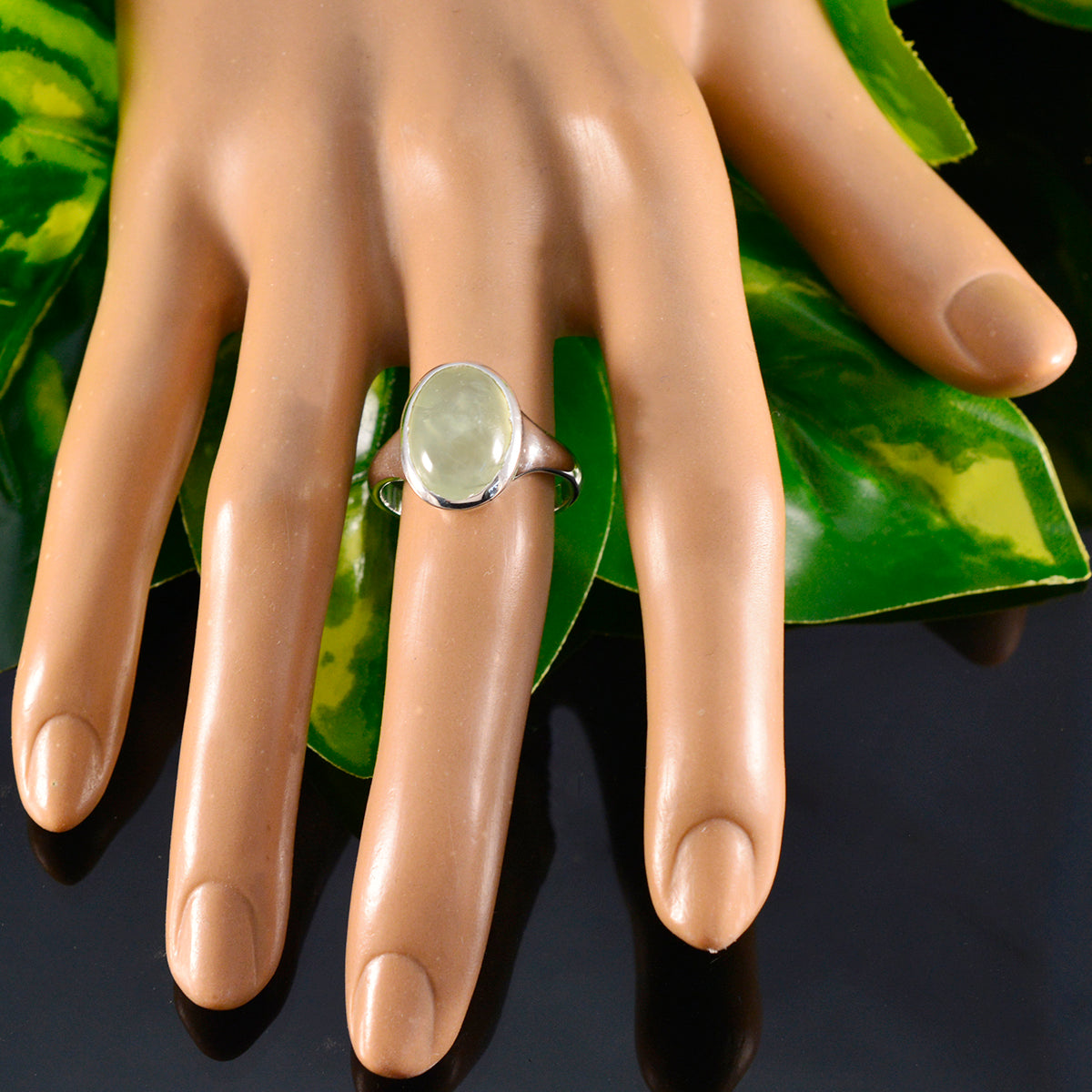 Prehnite Solitaire German Silver Green Gemstone Minimal Trendy Ring Jewellery