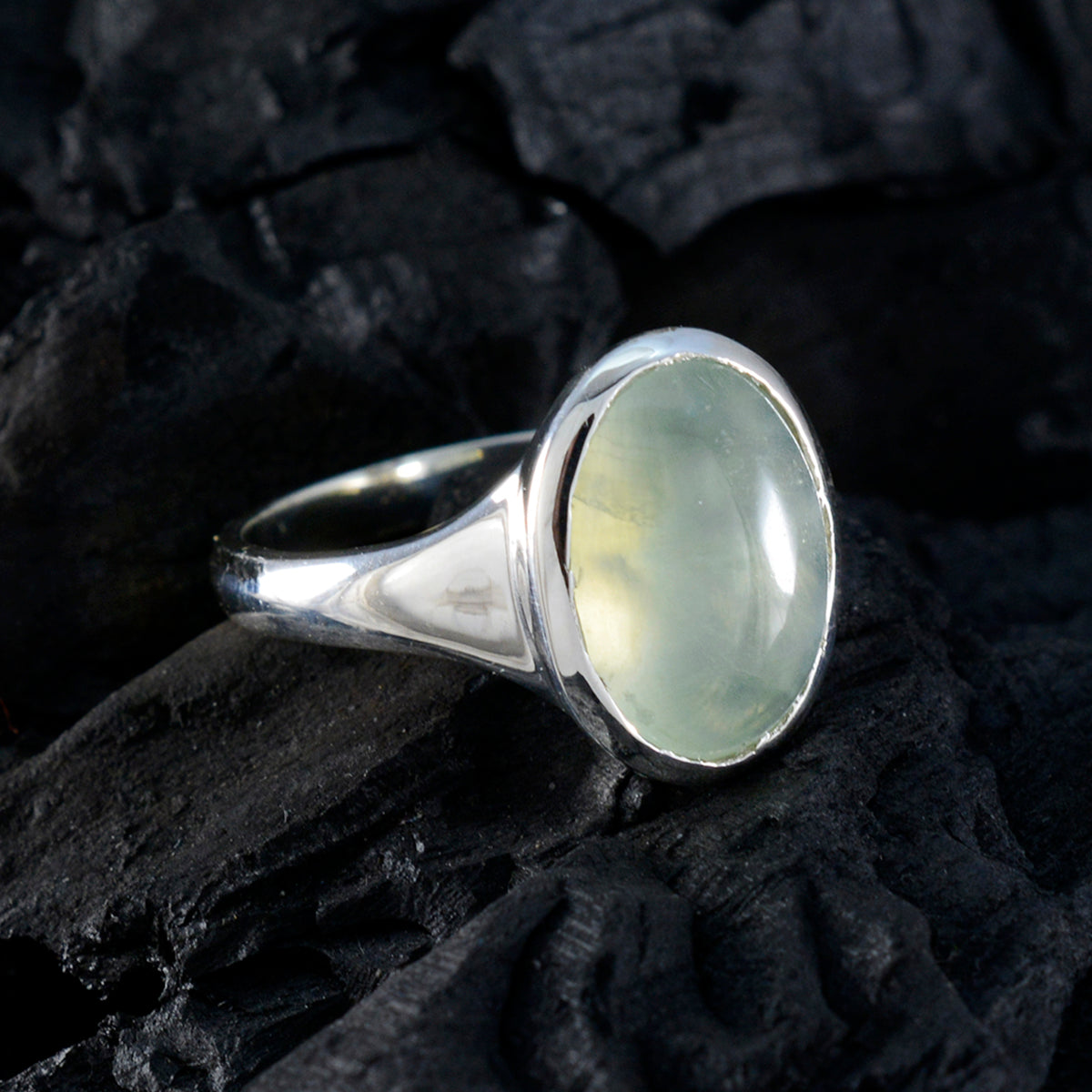 Prehnite Solitaire German Silver Green Gemstone Minimal Trendy Ring Jewellery