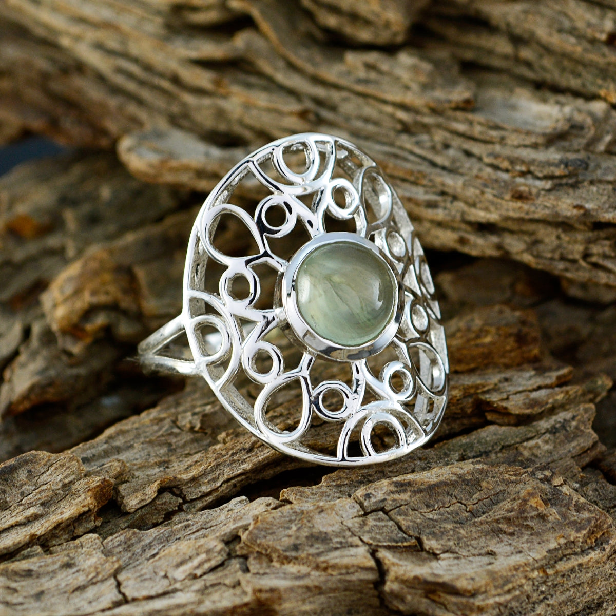 Prehnite Solitaire Mexican 925 Silver Green Gemstone Minimal Filigree Ring Jewellery