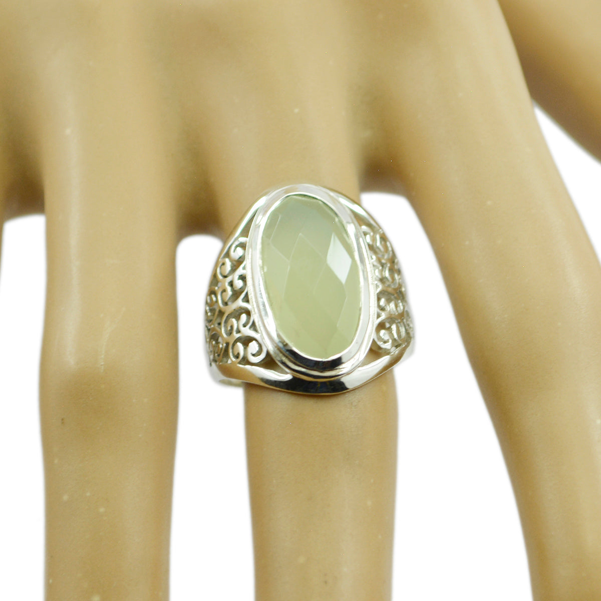 Prehnite Solitaire Mexican 92.5 Silver Green Gemstones Mid weight Filigree Ring Jewellery