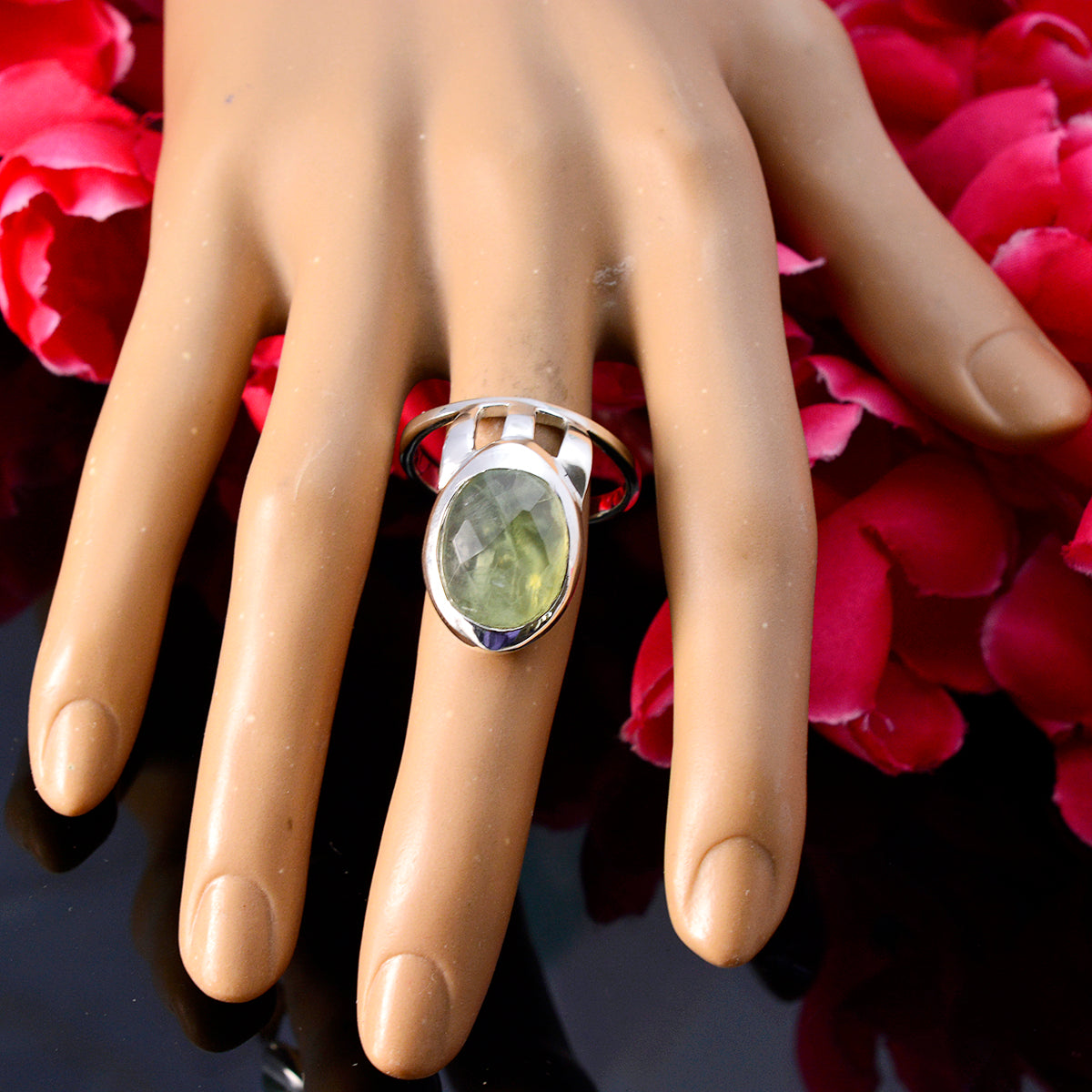 Prehnite Solitaire French 925 Silver Green Gemstones Essential  Signet Ring Jewellery