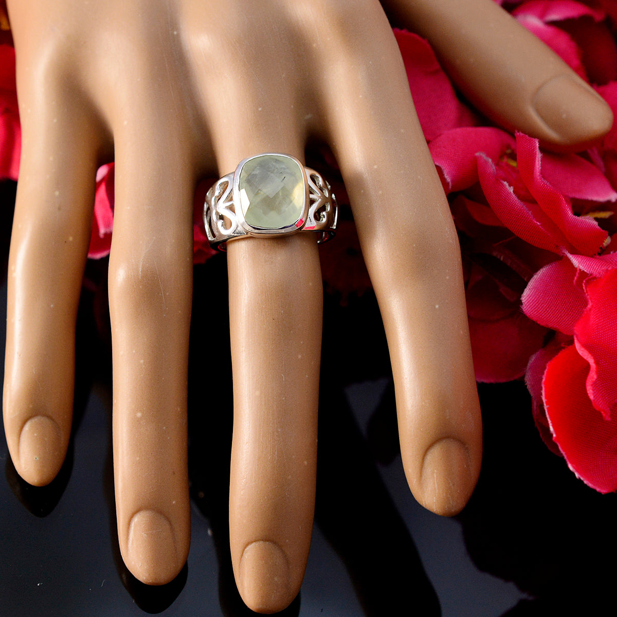 Prehnite Solitaire Latin American 925 Sterling Silver Green Gems Minimal Filigree Ring Jewelry