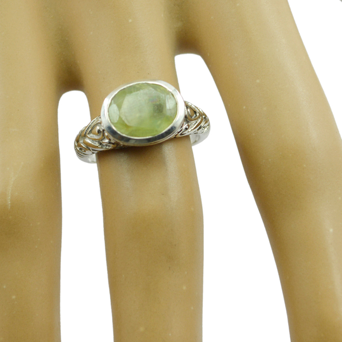 Anello Art Déco minimalista con pietra preziosa verde in argento sterling francese e solitario prehnite Immagine secondaria del prodotto