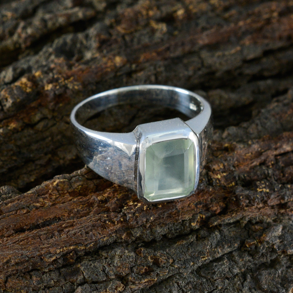 Prehnite Solitaire French 925 Silver Green Gems Mid weight Signet Ring Jewelry