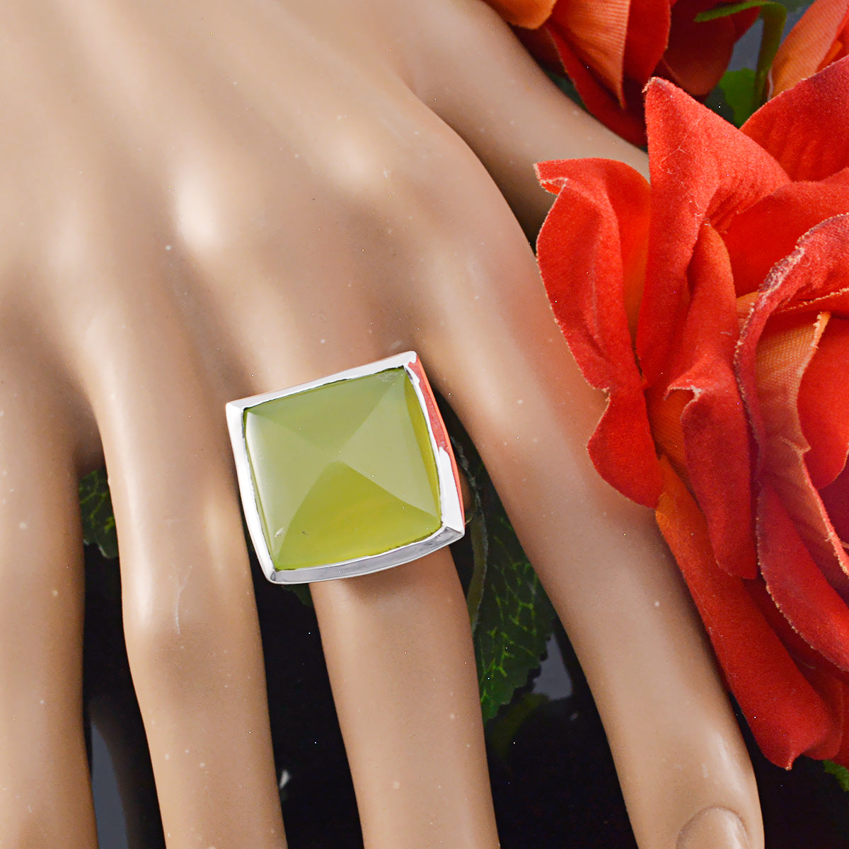 Prehnite Solitaire Egyptian 925 Silver Green Gemstone Statement Victorian Ring Jewelry