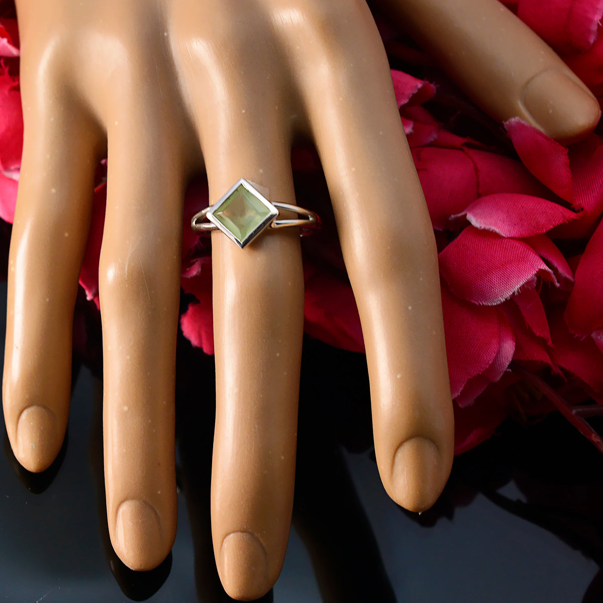 Prehnite Solitaire Korean Silver Green Gemstone Dainty Boho Ring Jewelry