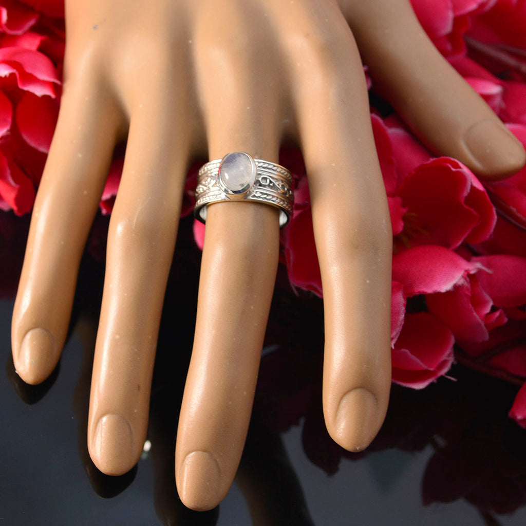 Rainbow Moonstone Solitaire German 925 Sterling Silver White Gems Eye catching Art Deco Ring Jewelry