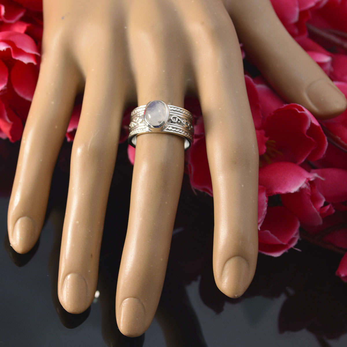 Rainbow Moonstone Solitaire German 925 Sterling Silver White Gems Eye catching Art Deco Ring Jewelry