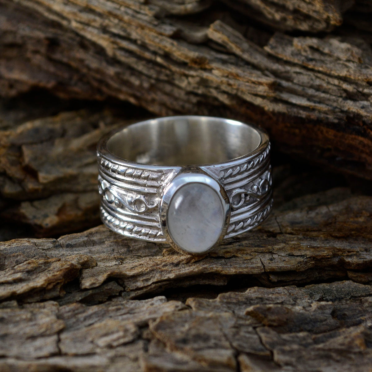 Rainbow Moonstone Solitaire German 925 Sterling Silver White Gems Eye catching Art Deco Ring Jewelry