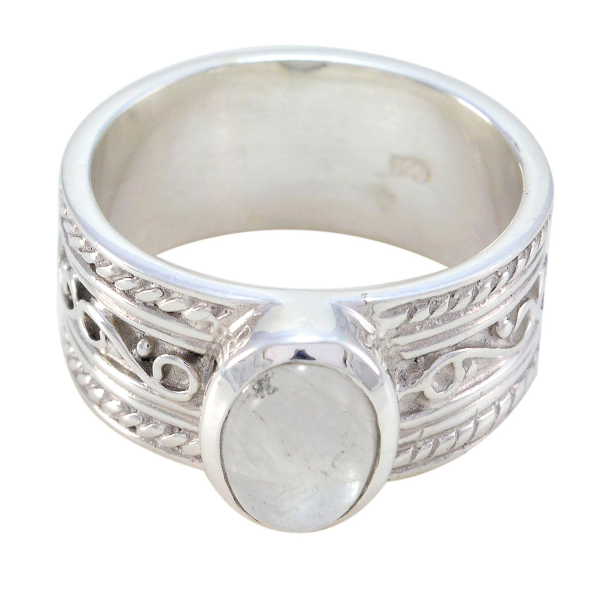 Rainbow Moonstone Solitaire German 925 Sterling Silver White Gems Eye catching Art Deco Ring Jewelry