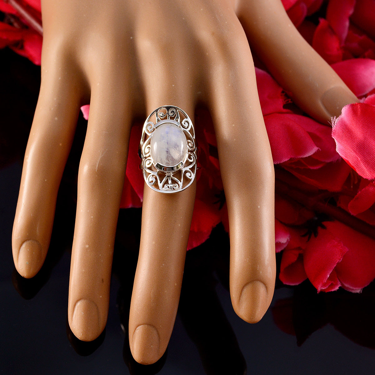 Rainbow Moonstone Solitaire Indian 92.5 Silver White Gemstones Classic Art Deco Ring Jewelry