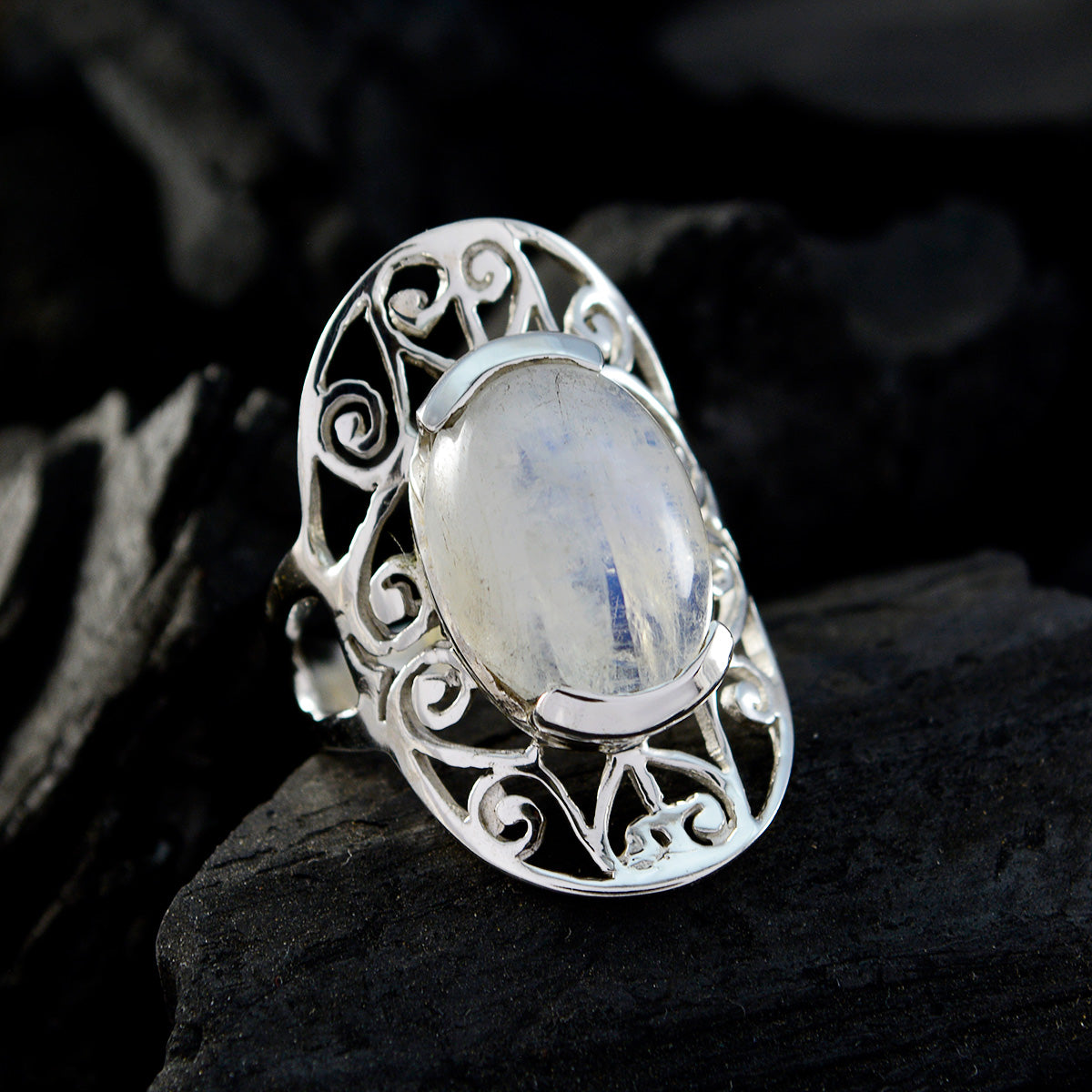 Rainbow Moonstone Solitaire Indian 92.5 Silver White Gemstones Classic Art Deco Ring Jewelry