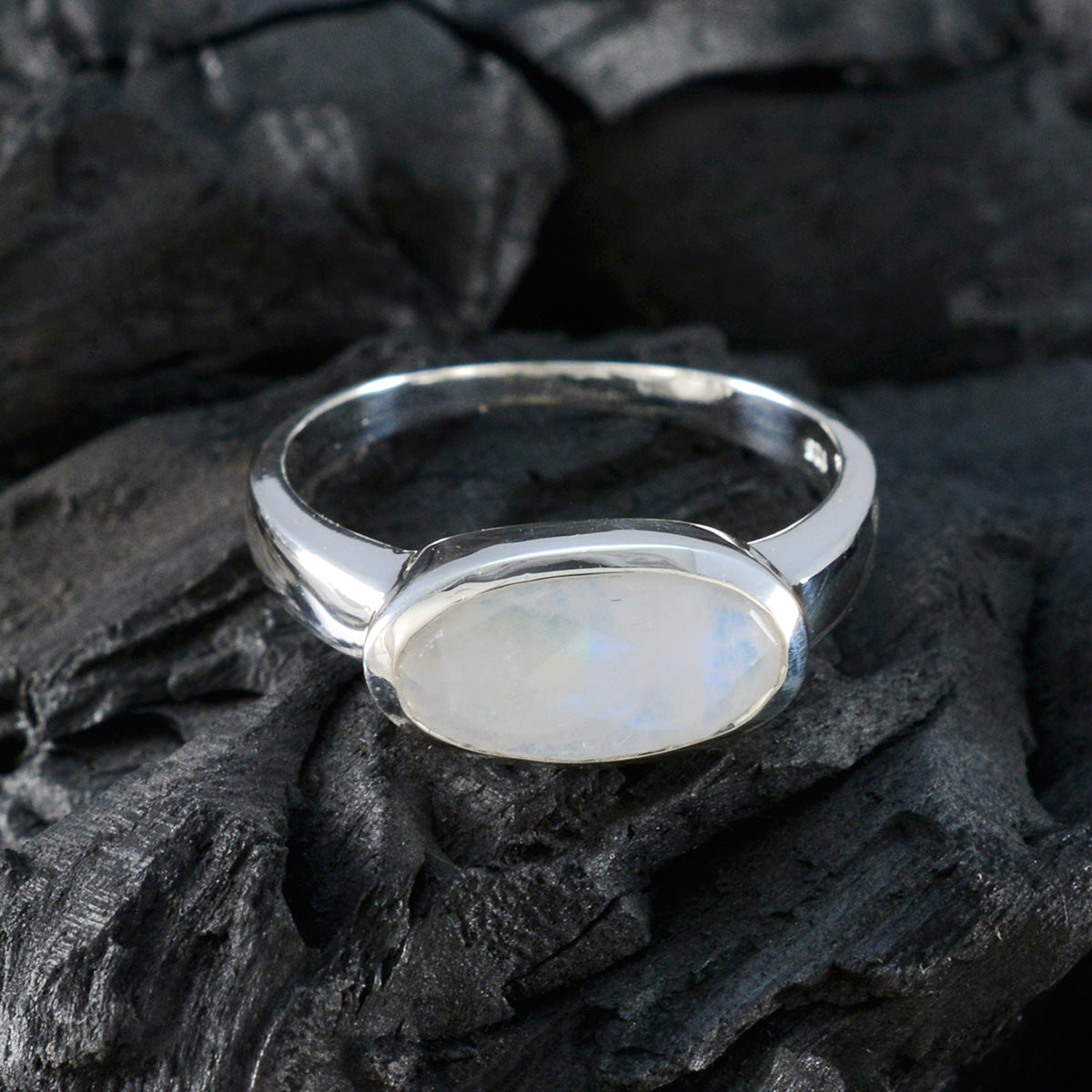 Rainbow Moonstone Solitaire Turkish 925 Sterling Silver White Gems Whisper thin Trendy Ring Jewellery