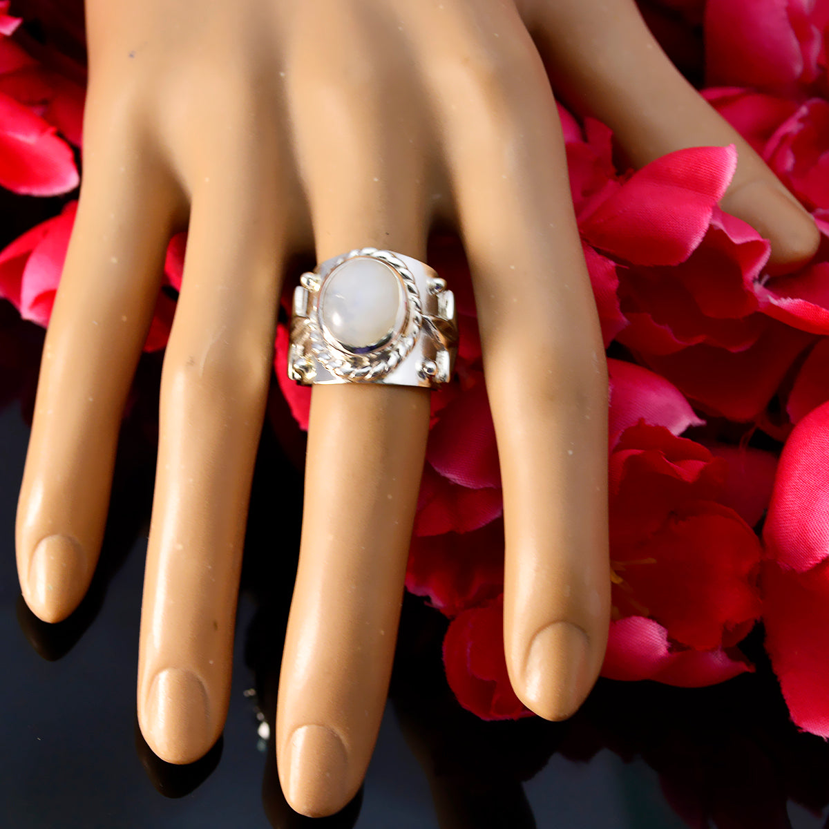 Rainbow Moonstone Solitaire French Sterling Silver White Gems Essential  Abstract Ring Jewellery