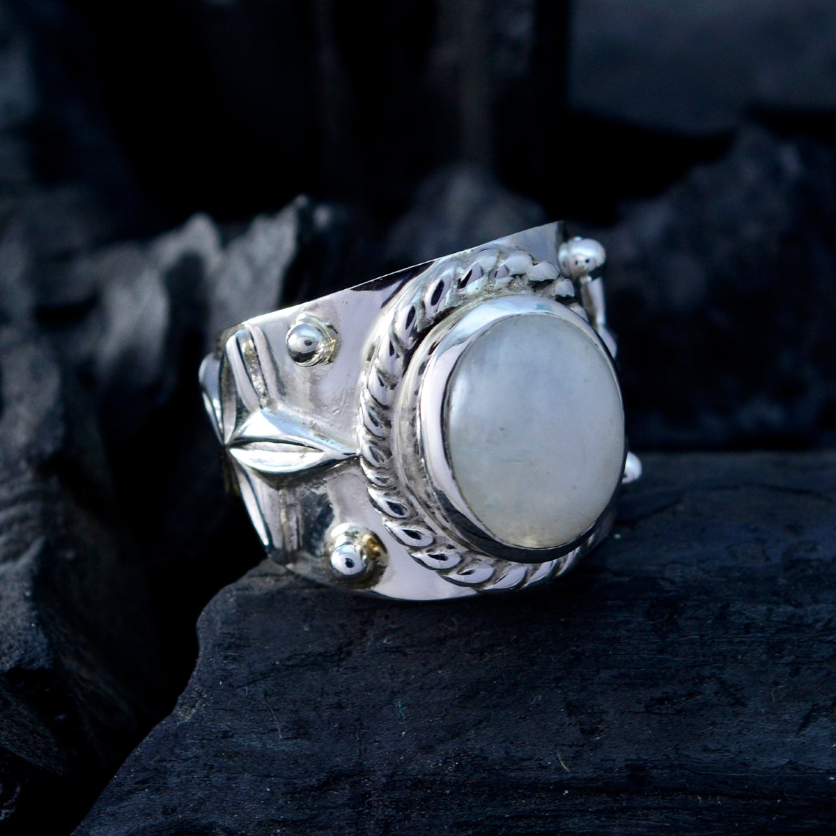 Rainbow Moonstone Solitaire French Sterling Silver White Gems Essential  Abstract Ring Jewellery