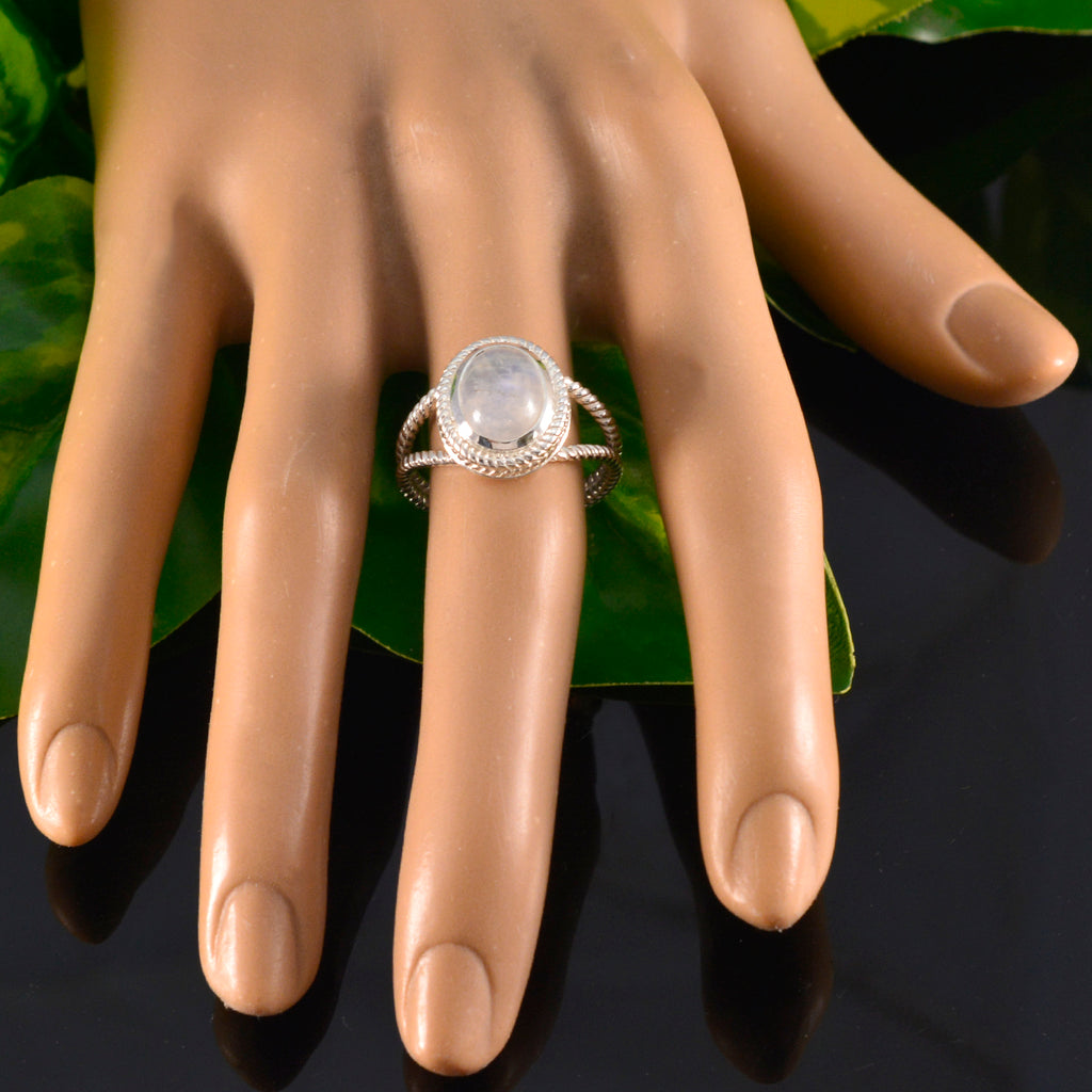 Rainbow Moonstone Solitaire Italian Sterling Silver White Gemstones Classic Rope Wire Ring Jewellery