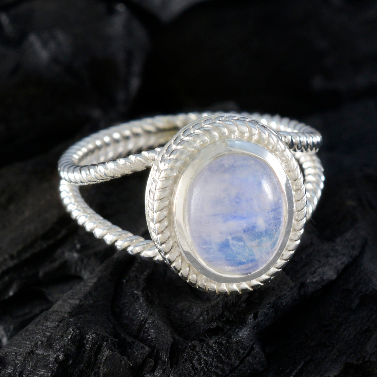 Rainbow Moonstone Solitaire Italian Sterling Silver White Gemstones Classic Rope Wire Ring Jewellery