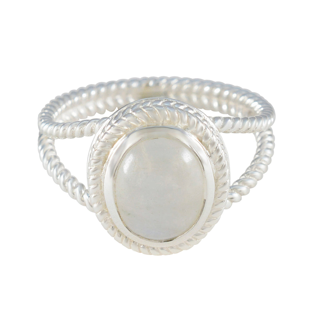 Rainbow Moonstone Solitaire Italian Sterling Silver White Gemstones Classic Rope Wire Ring Jewellery