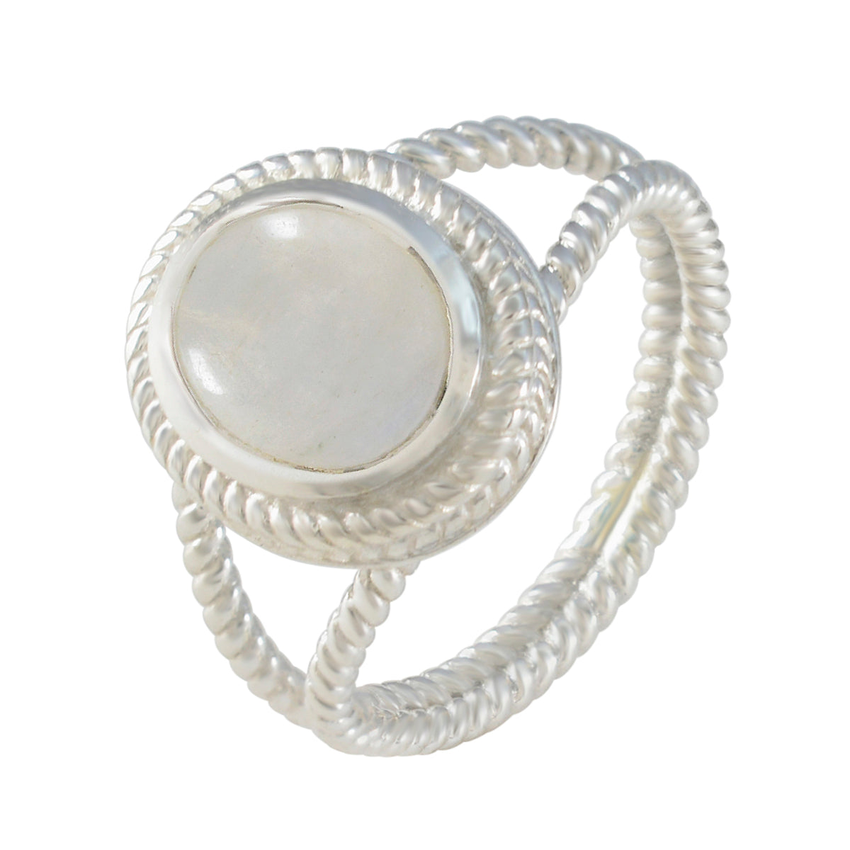 Rainbow Moonstone Solitaire Italian Sterling Silver White Gemstones Classic Rope Wire Ring Jewellery