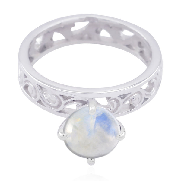 Rainbow Moonstone Solitaire Spanish 92.5 Silver White Gems Slim Filigree Ring Jewelry