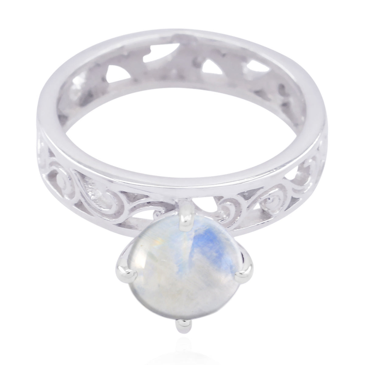 Rainbow Moonstone Solitaire Spanish 92.5 Silver White Gems Slim Filigree Ring Jewelry
