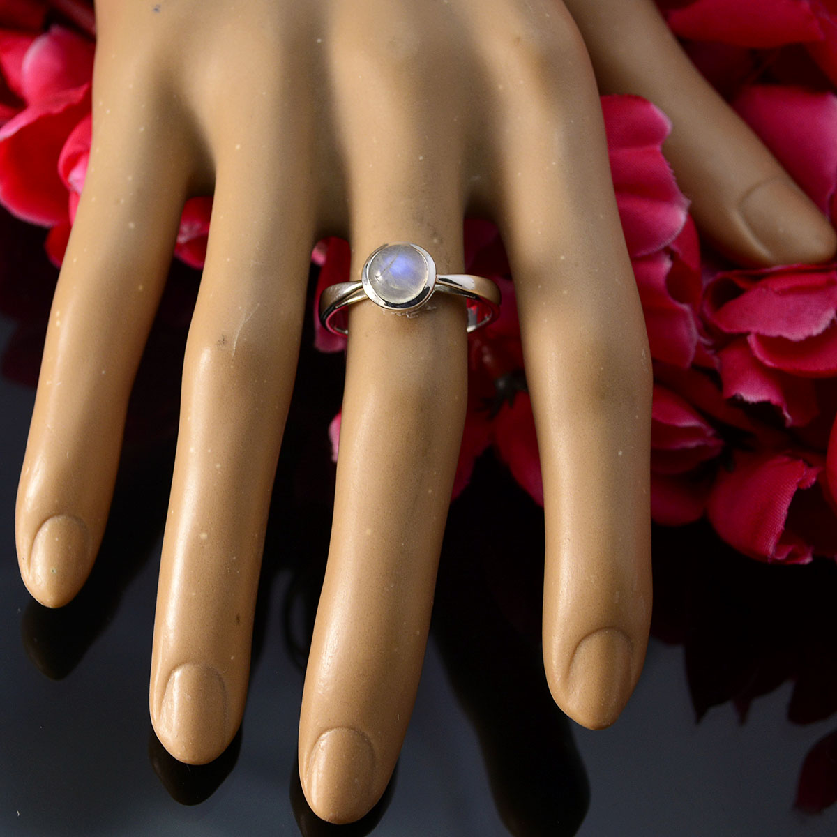 Rainbow Moonstone Solitaire Turkish 925 Silver White Gemstone Whisper thin Abstract Ring Jewelry