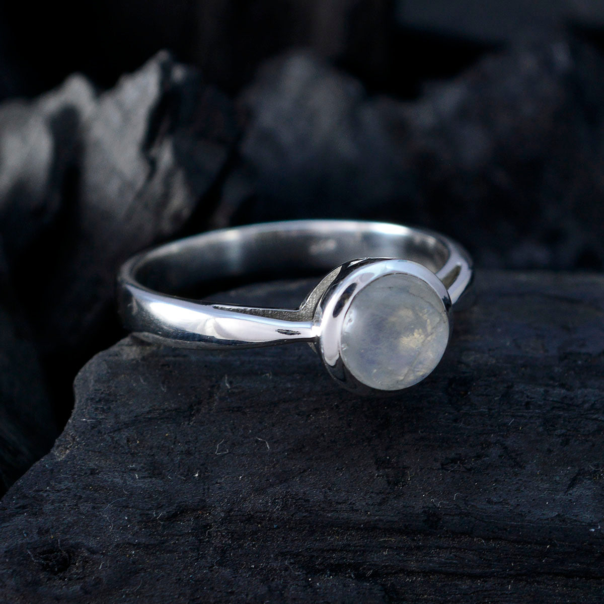 Rainbow Moonstone Solitaire Turkish 925 Silver White Gemstone Whisper thin Abstract Ring Jewelry