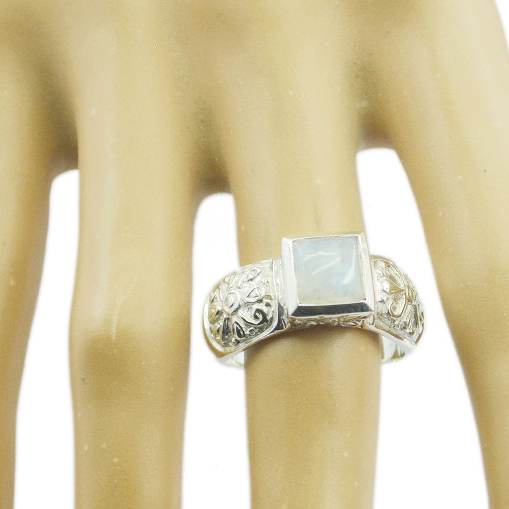 Rainbow Moonstone Solitaire French Silver White Gemstones Eye catching Art Deco Ring Jewelry