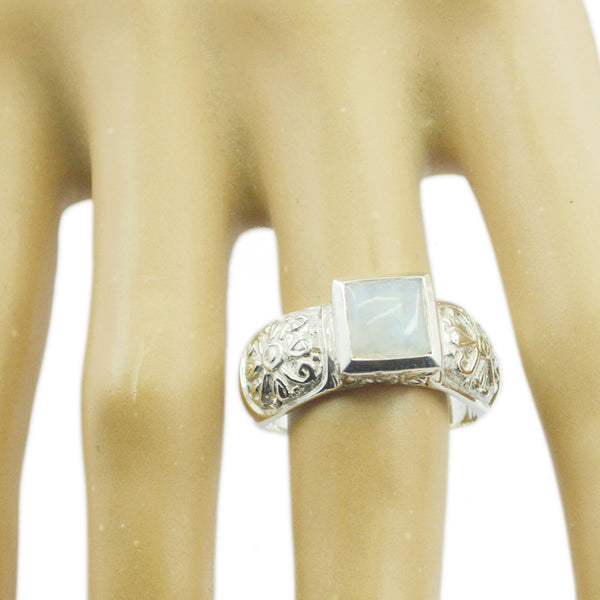 Rainbow Moonstone Solitaire French Silver White Gemstones Eye catching Art Deco Ring Jewelry