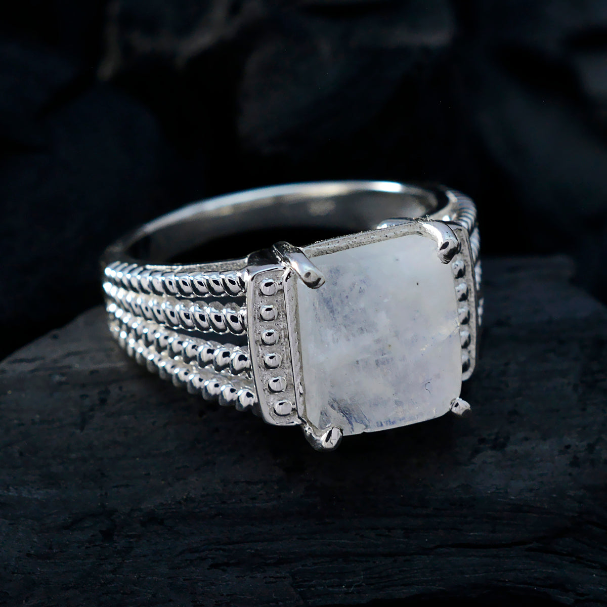 Rainbow Moonstone Solitaire Moroccan 925 Silver White Gemstones Eye catching Abstract Ring Jewellery