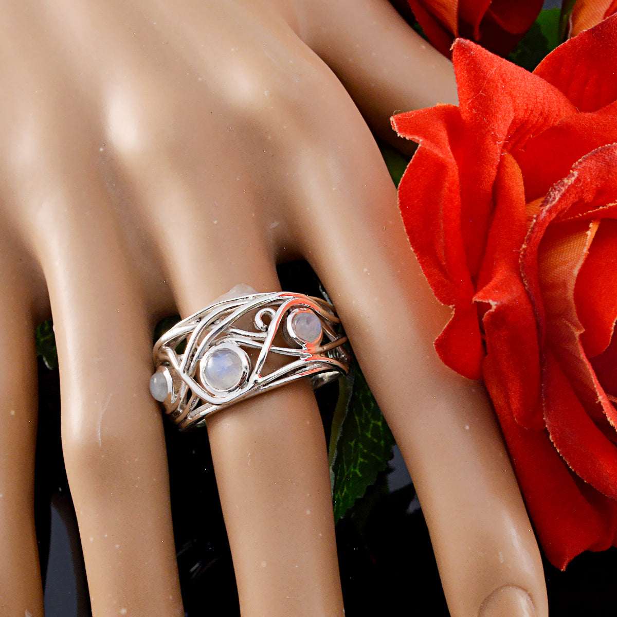 Regenbogen-Mondstein-Trilogie, französischer 925er Sterlingsilber, weiße Edelsteine, mittelschwerer, anspruchsvoller Ringschmuck