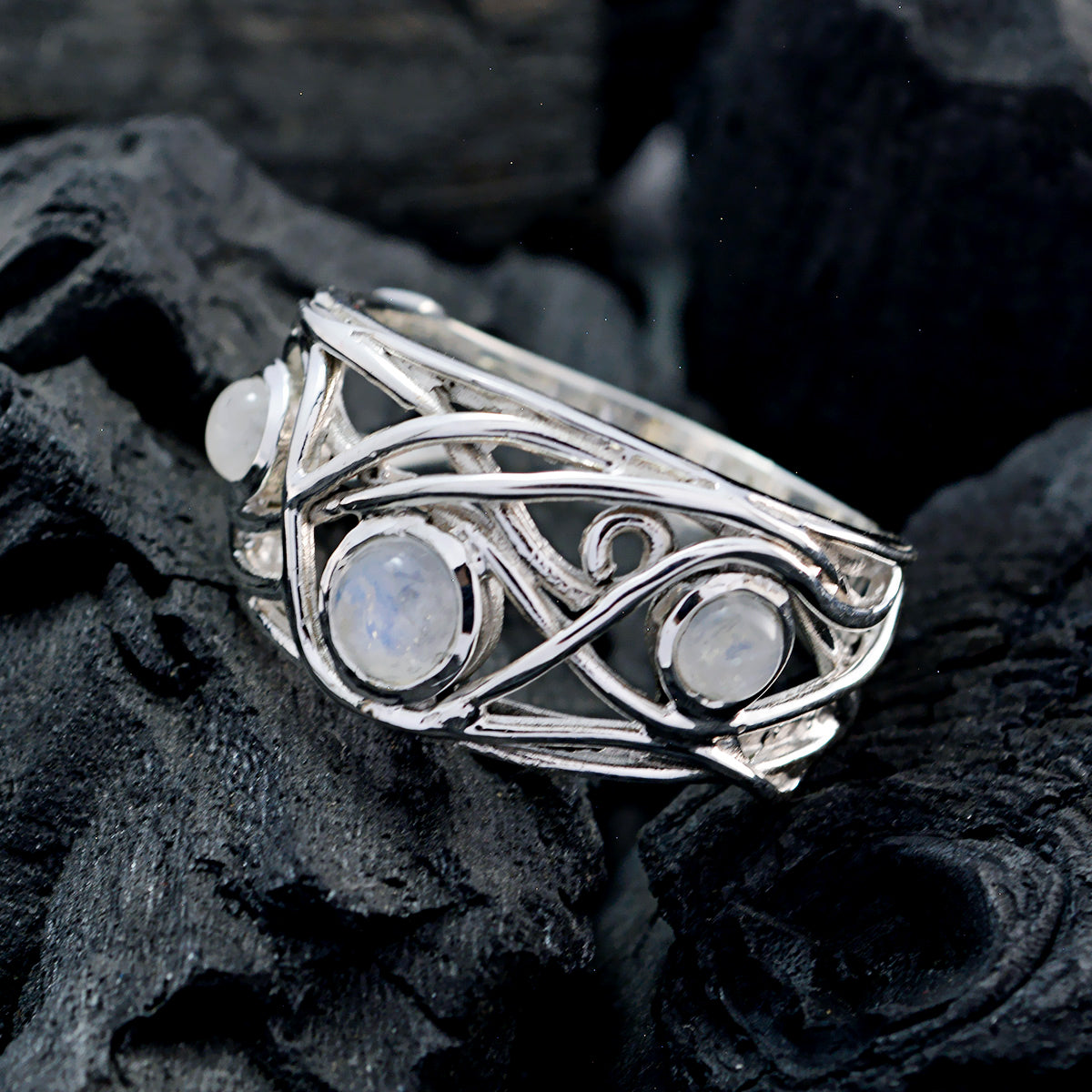 Regenbogen-Mondstein-Trilogie, französischer 925er Sterlingsilber, weiße Edelsteine, mittelschwerer, anspruchsvoller Ringschmuck