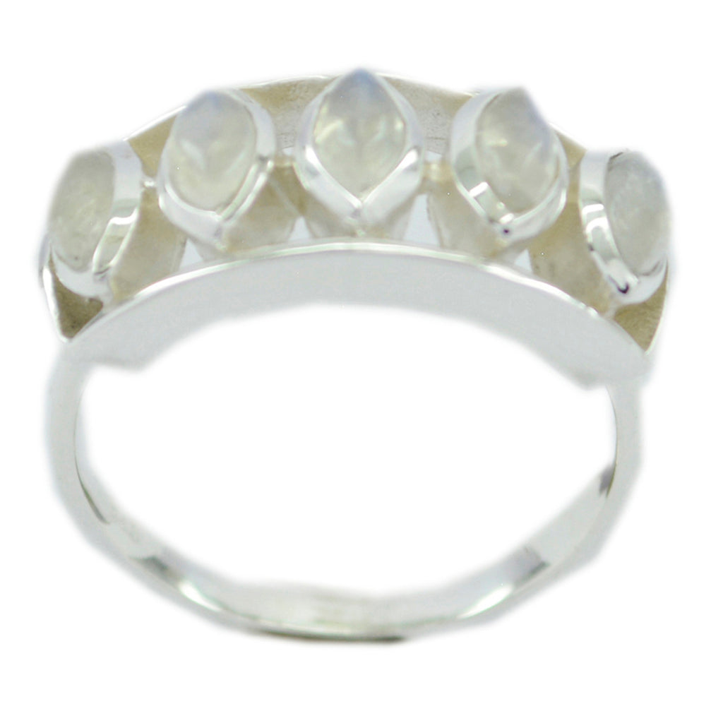 Rainbow Moonstone Penta Moroccan Silver White Gems Slim Contemporary Ring Jewelry