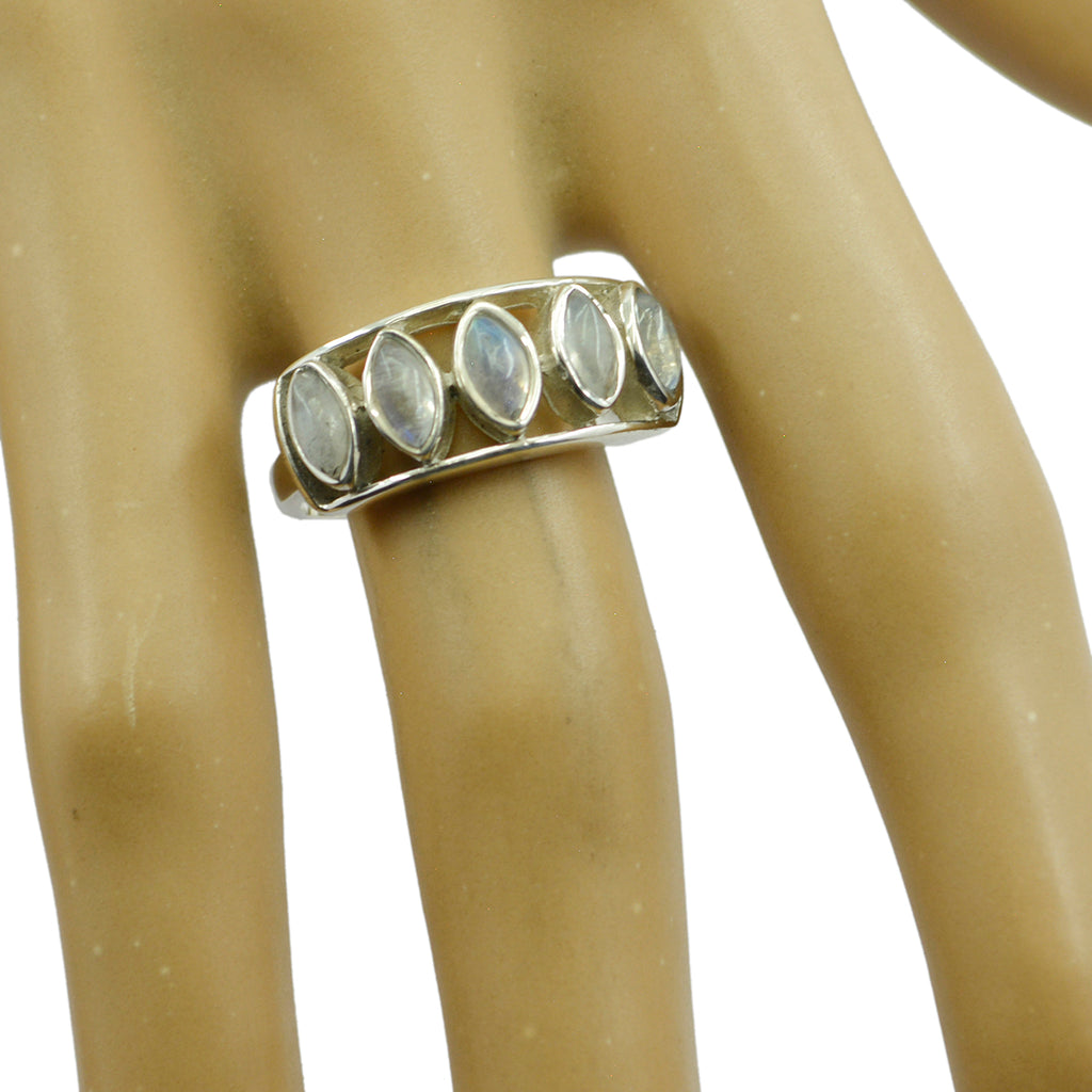 Rainbow Moonstone Penta Moroccan Silver White Gems Slim Contemporary Ring Jewelry