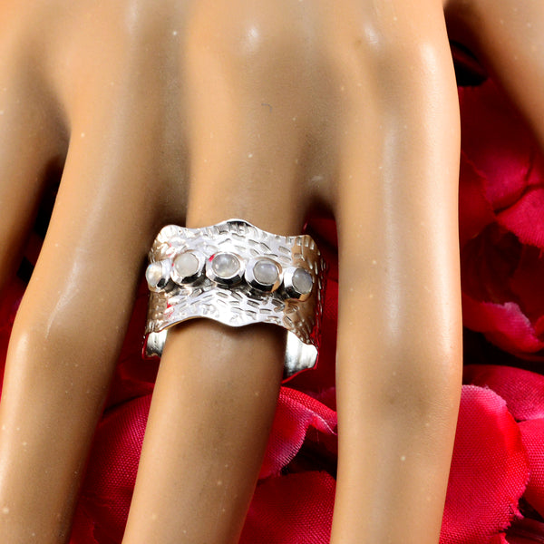 Rainbow Moonstone Penta Egyptian Silver White Gemstones Mid weight Vintage Band Jewelry