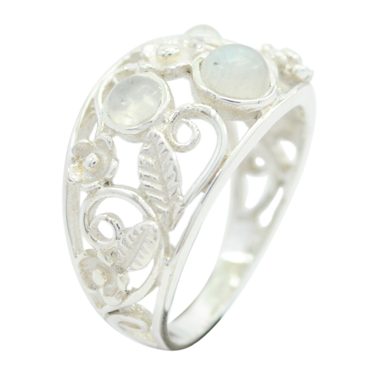 Rainbow Moonstone Penta Russian Sterling Silver White Gemstones Slim Contemporary Ring Jewelry