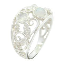 Rainbow Moonstone Penta Russian Sterling Silver White Gemstones Slim Contemporary Ring Jewelry