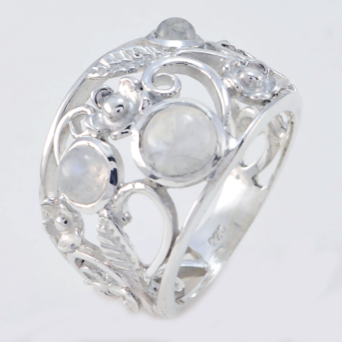 Rainbow Moonstone Penta Russian Sterling Silver White Gemstones Slim Contemporary Ring Jewelry