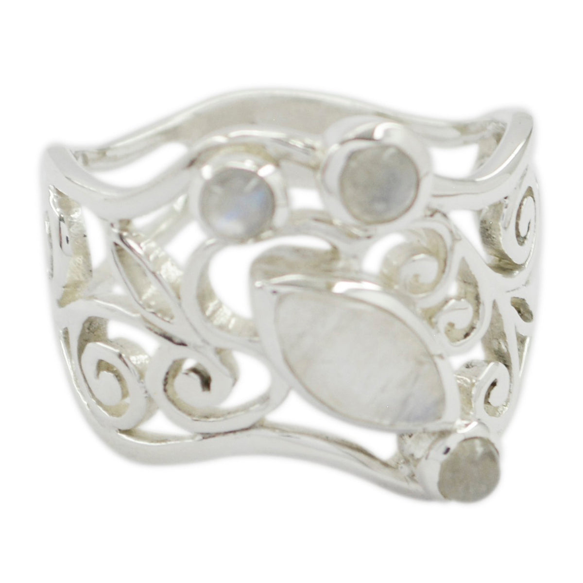 Rainbow Moonstone quarter Spanish 925 Sterling Silver White Gemstone Essential  Filigree Ring Jewelry メイン画像