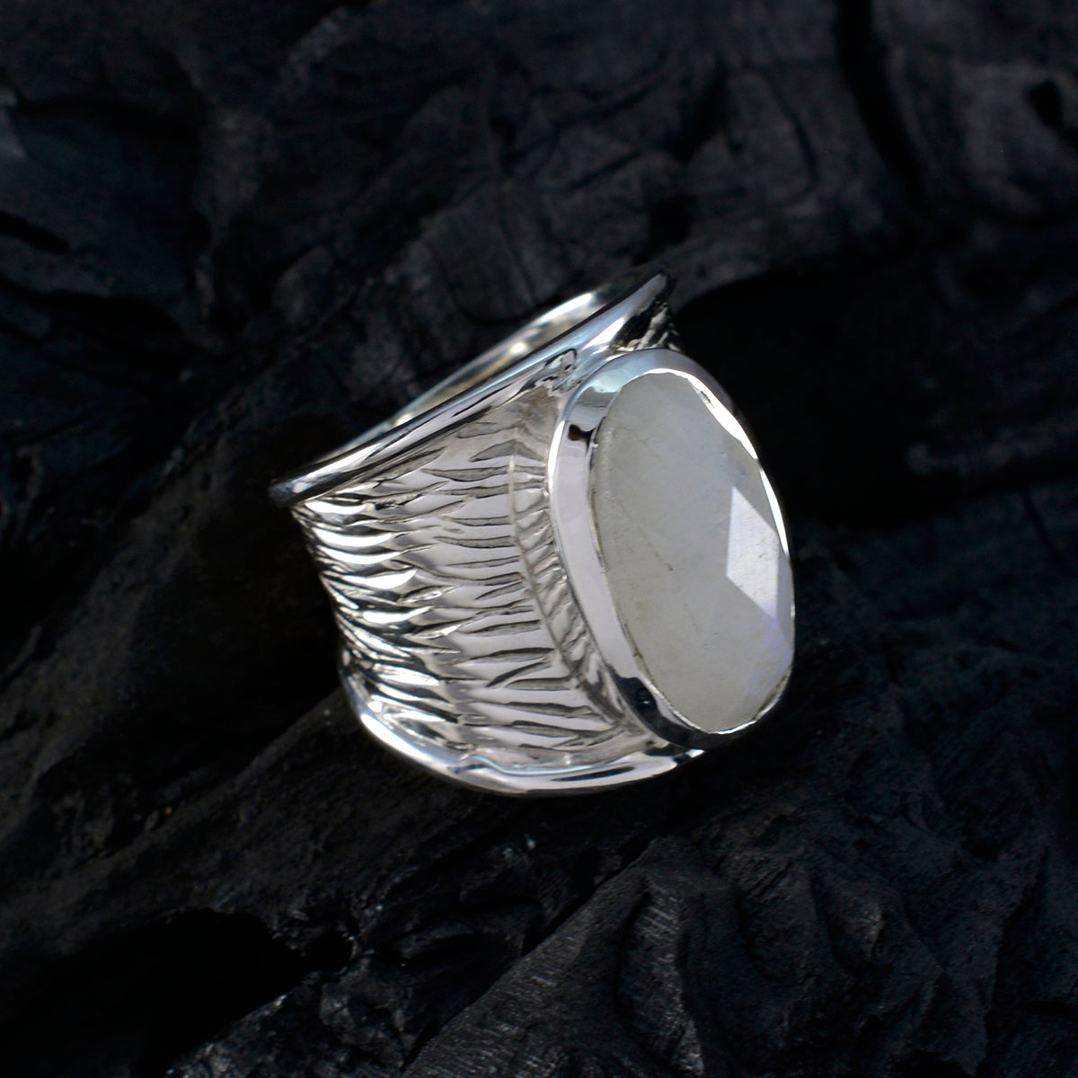 Rainbow Moonstone Solitaire German 92.5 Silver White Gemstone Statement Heritage Ring Jewellery