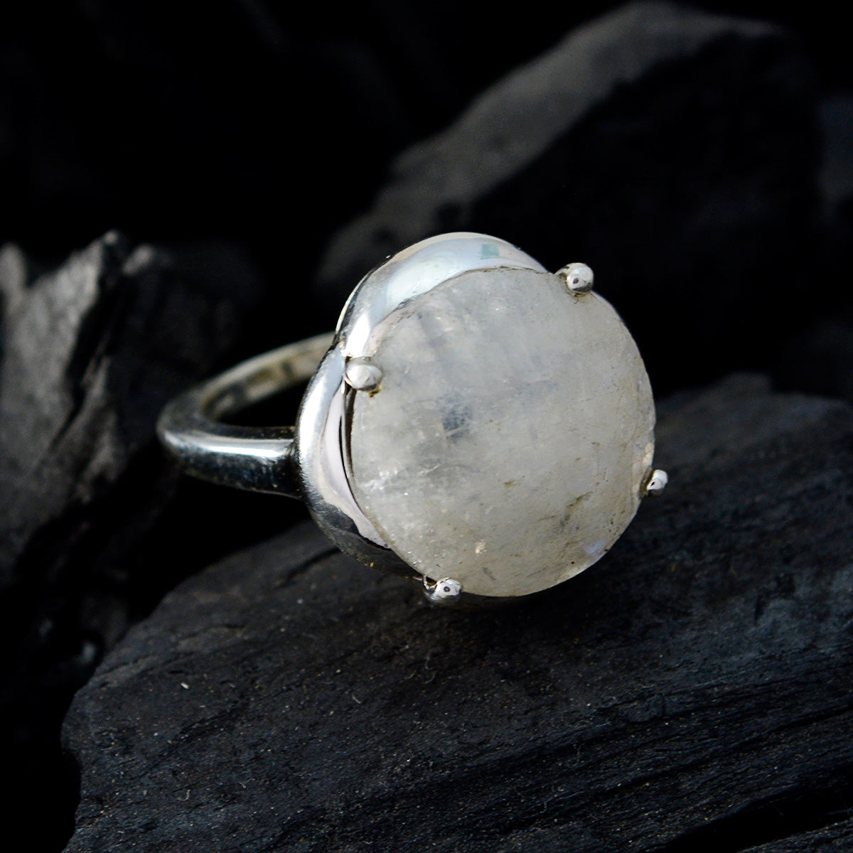 Rainbow Moonstone Solitaire French 925 Silver White Gemstones Minimal Luxurious Ring Jewellery