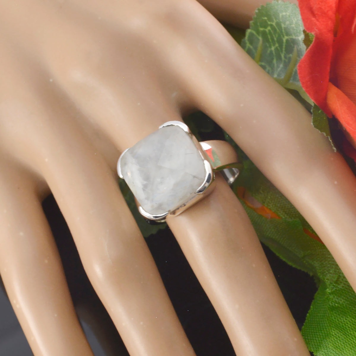 Rainbow Moonstone Solitaire German Silver White Gemstones Edgy Armor Ring Jewellery