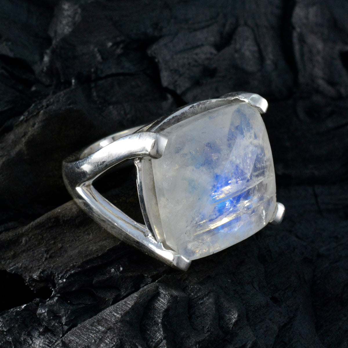 Rainbow Moonstone Solitaire Italian Sterling Silver White Gems Chunky Vintage Ring Jewelry