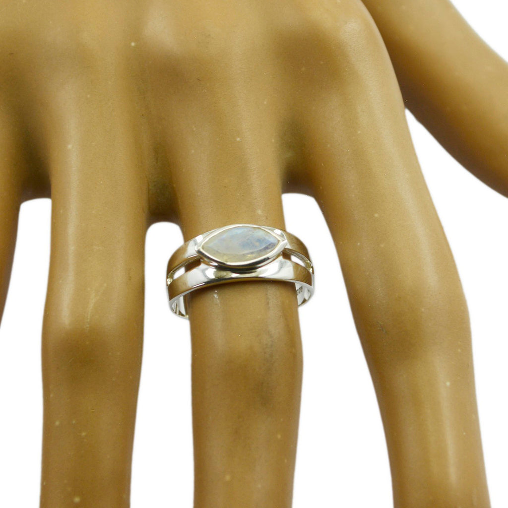 Rainbow Moonstone Solitaire Russian 92.5 Silver White Gemstones Slim Contemporary Ring Jewellery