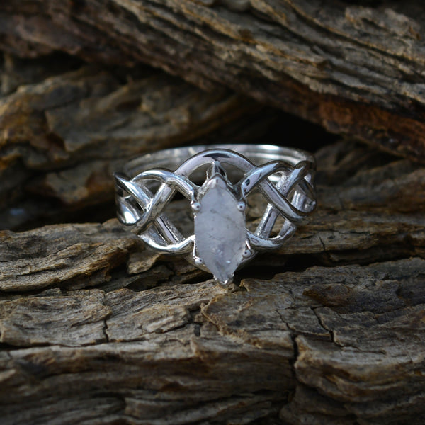 Rainbow Moonstone Solitaire French 925 Silver White Gemstone Tiny Art Deco Ring Jewellery