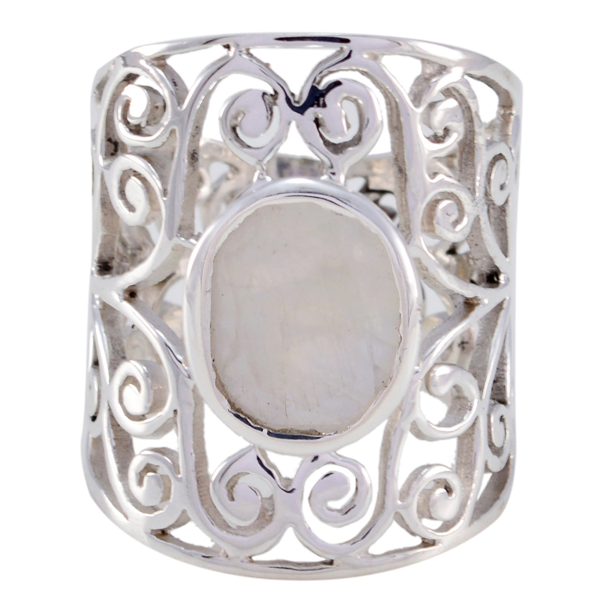 Rainbow Moonstone Solitaire Mexican 92.5 Silver White Gemstone Eye catching Filigree Ring Jewellery