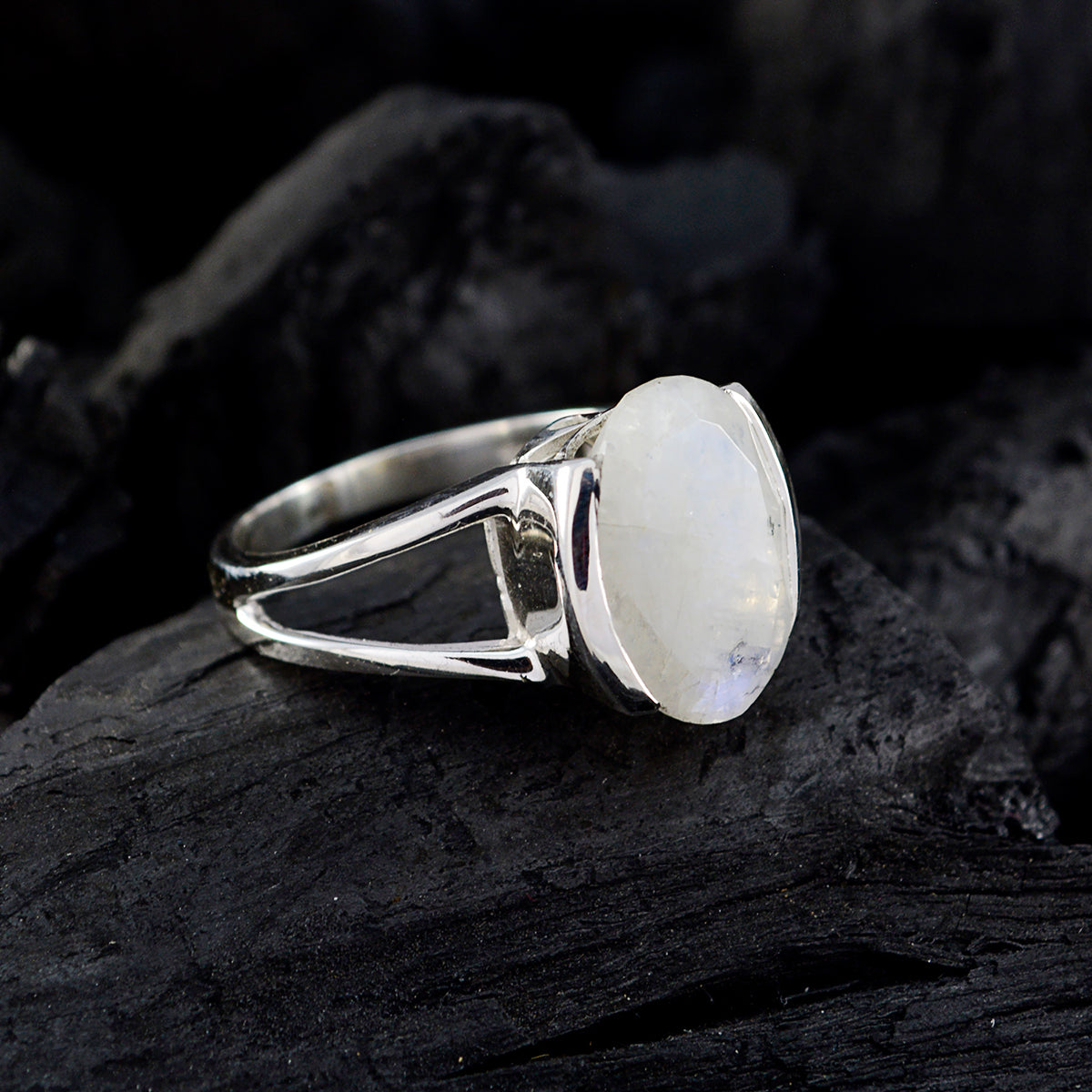 Rainbow Moonstone Solitaire French 92.5 Silver White Gemstone Mid weight Graceful Ring Jewelry